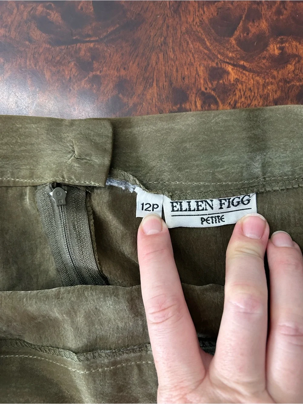 Vtg Ellen Figg 12P Petite Suede Olive Green Brown Mini Pencil Straight Skirt